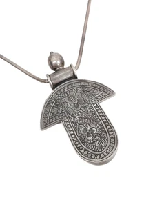 Vintage Sterling Silber 925 Hamsa Hand Anhänger mit floraler Gravur + Kette - Bild 1 von 12