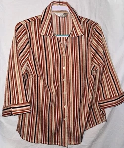 Blusa Allison Daley 14P Rayas Marrón Naranja Manga 3/4 Elástico Botón Top - Imagen 1 de 7