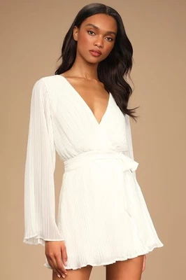 Lulus Size L Embrace Your Beauty Ivory Pleated Long Sleeve Skort Romper Chiffon - Image 1 of 4