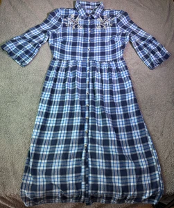 Roman Shirt Dress Blue Check Sequin Bird Embellished 14 UK Frill Sleeve Pre Love - Picture 1 of 10