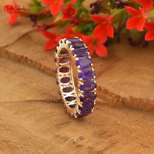 14K Rose Gold Handmade Women Ring 5x3mm Oval Cut Natural Amethyst Eternity Band - Picture 1 of 12