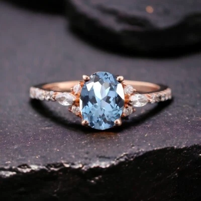 Anillo de boda Art Deco de plata 925 chapado en oro rosa aguamarina natural corte ovalado Foto 1 de 4
