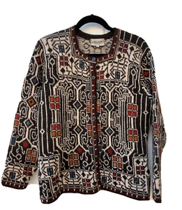 New INTIWARA 100 ALPACA Handmade Bolivian Cardigan Sweater aztec print large AA7 - Picture 1 of 8