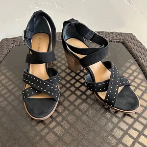 Lucky Brand women's Kesey black leather studded heeled sandals size 8M - Picture 1 of 9