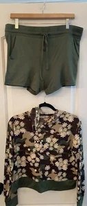 NWOT Pink Label Girls Floral Print Green Shorts Set w/hooded Sweatshirt Size XL - Picture 1 of 5