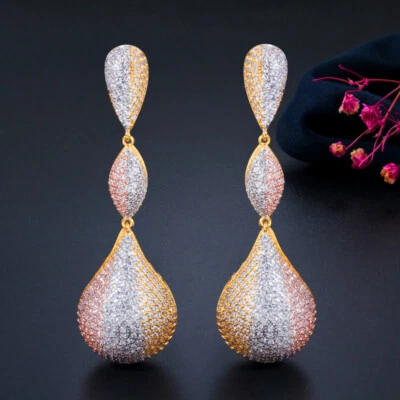 Pendientes largos de lujo enchapados en oro enchapados en varios tonos de circonita cúbica joyería de boda Foto 1 de 4