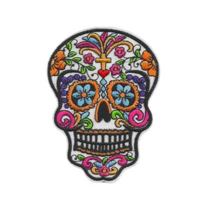 SUGAR SKULL IRON ON PATCH 4" Embroidered Applique Color Day of the Dead Skeleton - Image 1 of 2