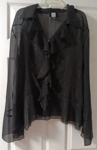 Studio 1940 Black Sheer Thin Metallic Stipes Ruffled front blouse Size Large - Picture 1 of 2