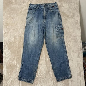 90s FUBU Jeans Mens 32x34 Blue Cargo Carpenter Utility Y2K Baggy Stonewash Denim - Picture 1 of 16