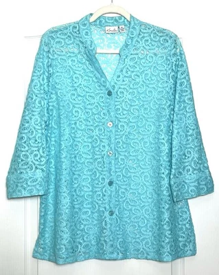 Cárdigan Kim Rogers con cordones con botones talla pequeña XL azul aguamarina manga 3/4 cuello en V Foto 1 de 4