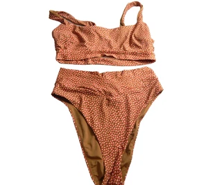 Aerie Women's Bikini L Top M Bottom Scoop Neck High Rise Cheeky Brown Polka Dot - Picture 1 of 4