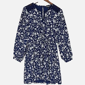Express Dress Mini Long Sleeves Dress Sz M Blue Floral Lace Detail Shoulders - Picture 1 of 10