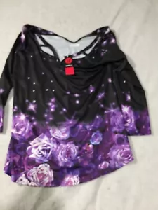 NEW Rosegal Blouse Plus Size 1X 16 Black Purple Floral Shiny Long Strappy Neck - Picture 1 of 9
