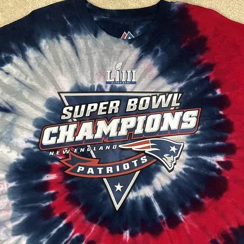 Majestic New England Patriots Mens 2XL Tie Dye T Shirt Super Bowl LIII Champions Cover