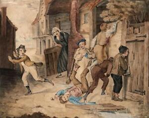 Children Playing In Street Scene - Antique Watercolour Painting - 19th Century