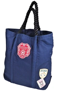 Pink Victoria’s Secret Blue Canvas Tote Shoulder Bag Grand Escape Lodge Patches - Picture 1 of 7