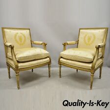 Pair French Louis XVI Neoclassical Gold Silk Fauteuil Parcel Gilt Arm Chairs