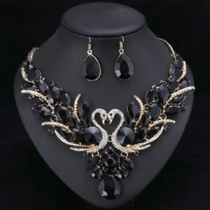 Set gioielli da sposa cristallo nero ciondolo cigno collana orecchini set da donna  - Foto 1 di 12