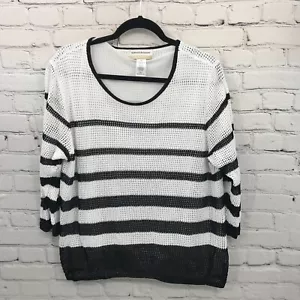 Alfred Dunner Top Womens 1X White Stripe Pullover Sheer Lined 3/4 Sleeve Casual - Picture 1 of 13