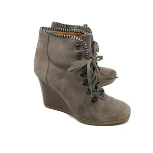 J Crew 8 Gris Ceniza Buckley Cuña Gamuza Cuero Botines Con Cordones Madera Tacón Apilado - Imagen 1 de 12