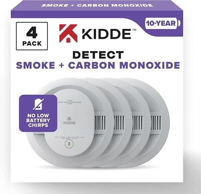 4 pack Kidde Smoke & Carbon Monoxide Detector, 10-Year Battery Powered, Voice
