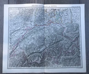 Landkarte Süd-West Deutschland und Schweiz, Kupferstich Stieler Gotha 1869 - Picture 1 of 3