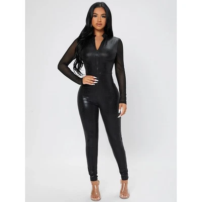 NUEVO SIN ETIQUETAS SHEIN Mono Negro Imitación Piel de Serpiente Malla Cremallera Para Mujer Talla M Foto 1 de 4