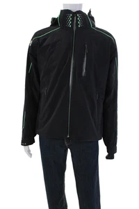 Descente Mens Front Zip Long Sleeve Printed Trim Hooded Jacket Black Green Small - Picture 1 of 8