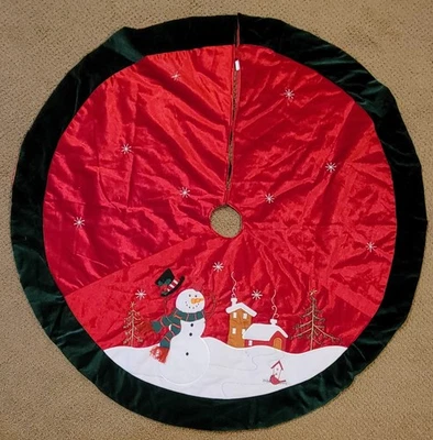 Velour Snowman Scene Christmas Tree Skirt. 50 in Diameter - Image 1 of 2