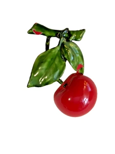 Figural Fruit Brooch Pin Apple Cherry Red Green Leaves Enamel 2 1/4" x 1.5" - Picture 1 of 4
