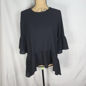 Vtg GIBSON Size Medium Ruffled Hem Half Sleeve Asymmetrical Flounce Crepe Blouse - Picture 1 of 8