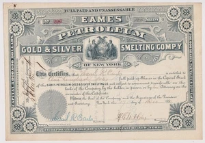1880 Eames Petroleum Gold Silber Smelting Company Aktienzertifikat New York - Bild 1 von 1