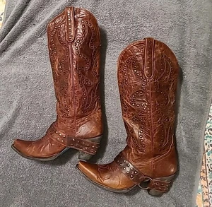 LANE Stud Rocker Rare Womens Sz 9.5 Cowgirl Brown Studded Western Boots LB0010B - Picture 1 of 6