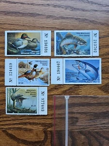 WISCONSIN 1996 CONSERVATION STAMPS 5 TOTAL TROUT, DUCK, PHEASANT, GREAT LAKES. - Picture 1 of 1