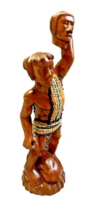 VTG Wooden Head Hunter Warrior Statue Carved Wood Nude Man 16 Inch Barware - Picture 1 of 10