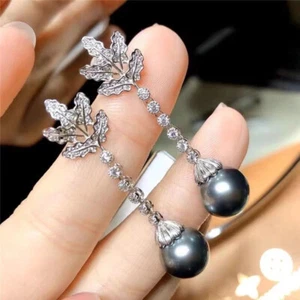 stunning pair of 9-10mm tahitian round black pearl dangle earring 925s(t) - Picture 1 of 3