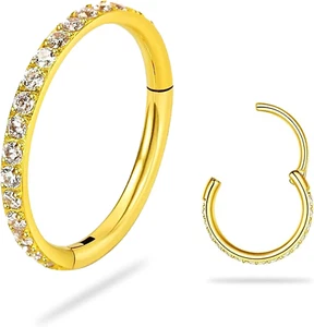 14K Gold Hinged Nose Rings Hoop for Women 20G, 316L Surgical Steel Clicker Septu - Picture 1 of 12