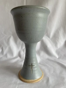 Stonewear Pottery Goblet/Chalice W CrossBlue Glaze Made In Chillicothe,IL Signed - Picture 1 of 8