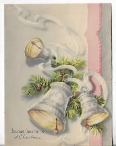 Vtg CHRISTMAS CARD-approx 4.25x5.75 3 Ringing Bells w/Pine Pink Gray Edging - Picture 1 of 3