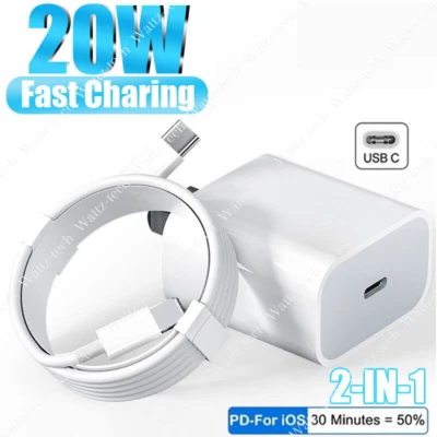 For iPhone 11 12 13 14 Pro/XR/8/iPad Fast Charger 20W USB-C Power Adapter Cable - Image 1 of 4