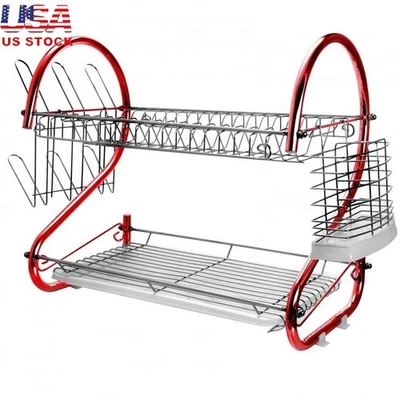 Estante para platos de dos niveles con soporte para utensilios y bandeja de drenaje organizador de cocina de alambre de hierro Foto 1 de 4