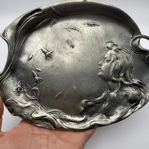 Antique Art Nouveau Pewter Dish Tray Lady Profile Flowers Etain 95% - Picture 1 of 8