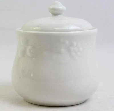 Gibson Stoneware White Sugar Bowl Lid Embossed Fruit Raised Design 90s Cottage  - Image 1 of 4