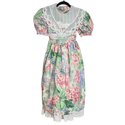 VINTAGE 80s 90s IRIS & IVY FLORAL FANCY PARTY DRESS SIZE 7 SHEER LACE COLLAR EUC - Image 1 of 4