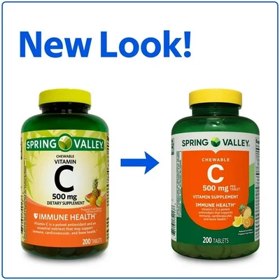 Comprimidos masticables de vitamina C Spring Valley 500 mg, 200 unidades - Salud inmune Foto 1 de 4