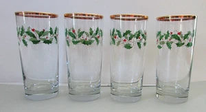 Lenox Holly & Berry Christmas Holiday Glass Tumblers 6-1/4" Gold Trim Set of 4 - Picture 1 of 6