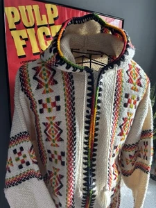 Vintage Ecuador Hand Made Knit Jumper Wool Full Zip Aztec Hooded 46” Chest - Picture 1 of 17