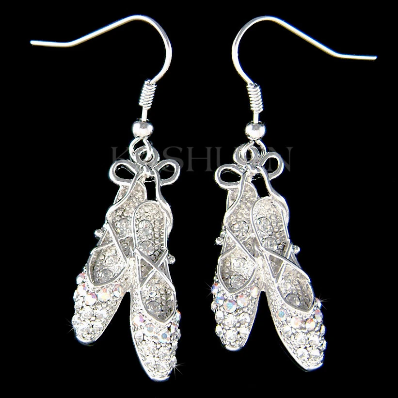 Trasparente Ballerina Pantofole IN Swarovski Cristallo Scarpe Danza Orecchini - Immagine 1 di 1