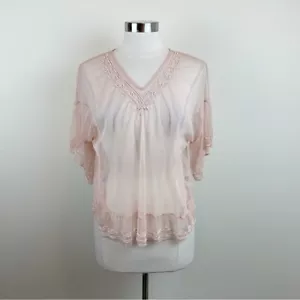Kaari Blush Pink Beaded Mesh Sheer Boho Blouse Top Women Petite Large - Picture 1 of 7