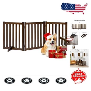 Elegant 24" Walnut Freestanding Dog Gate - Solid Wood Folding Safety Fence - Picture 1 of 9